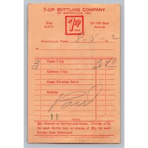1940s 7-Up Bottling Company Invoice Knoxville Tennessee Vintage Ephemera Red